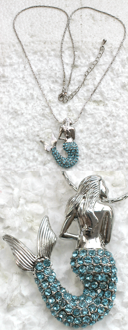 AQUAMARINE AQUA BLUE RHINESTONE CRYSTAL MERMAID PENDANT NECKLACE D234